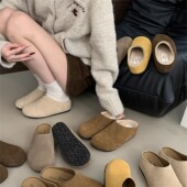 厚底包头半拖鞋 小个子内增高7CM 棉鞋 女秋冬季 外穿 加绒真皮勃肯鞋