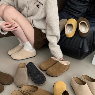 小个子内增高7CM~加绒真皮勃肯鞋女秋冬季棉鞋厚底包头半拖鞋外穿