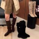 秋冬季 粗跟绒面卡其色堆堆中筒骑士靴女鞋 2025新款 显瘦长筒长靴子