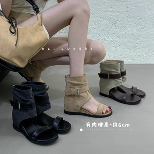 气质皮带扣后拉链短靴 韩版 内增高绒面夹脚凉靴女2025夏季 新款 时尚