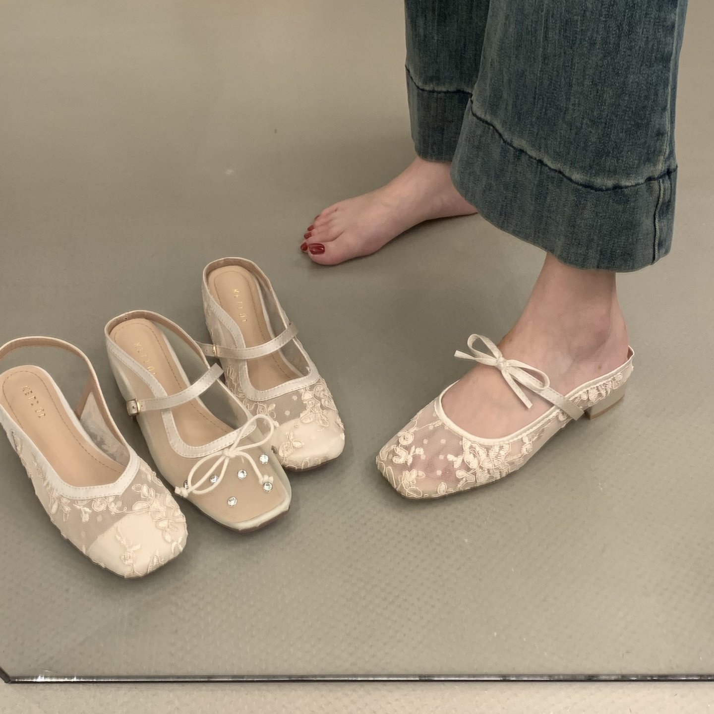 内增高杏色蝴蝶结网面刺绣包头半拖鞋女外穿新款芭蕾风玛丽珍凉拖,女鞋,包头拖,淘宝优惠券,粉丝福利购,淘宝优惠卷