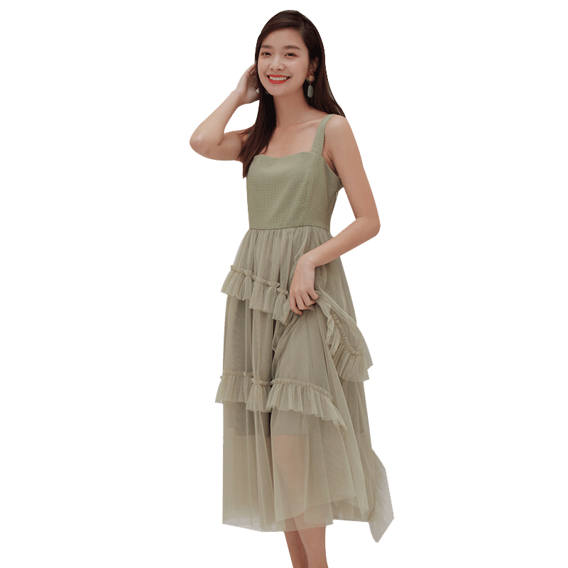 【魅典幻镜】活泼俏皮少女风格纹拼接蛋糕纱连衣裙草木绿吊带裙