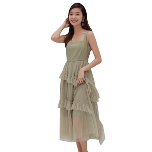 【魅典幻镜】活泼俏皮少女风格纹拼接蛋糕纱连衣裙草木绿吊带裙