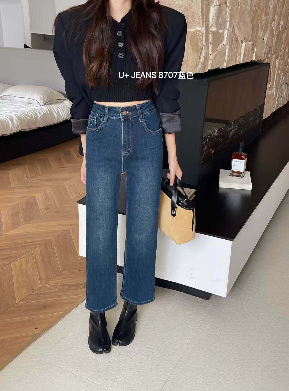 秋冬新款高腰显瘦直筒窄版四面弹修身九分小个子法棍烟管牛仔裤女