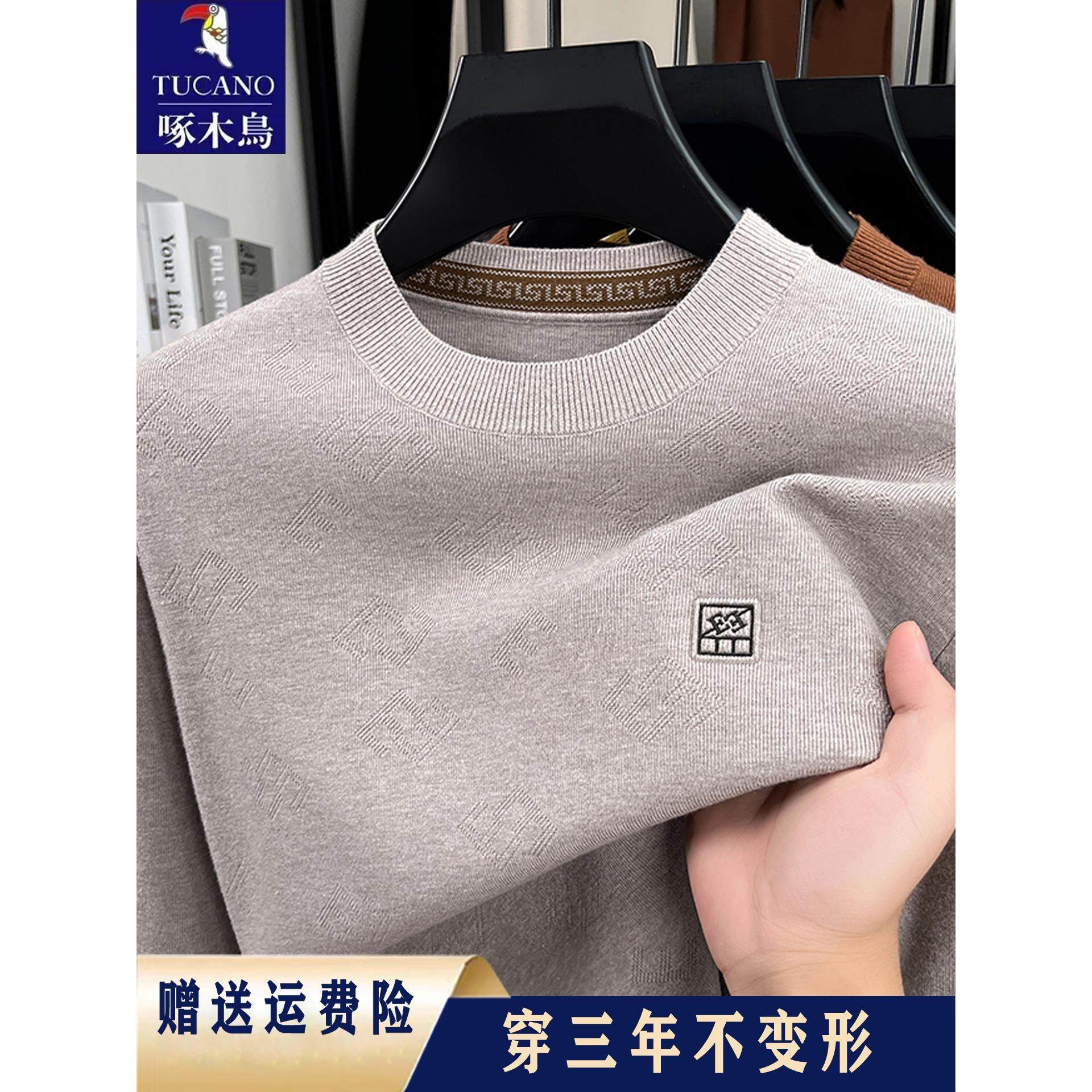 啄木鸟2025秋冬新款长袖100%纯羊毛衫男士中年爸爸装圆领针织毛衣