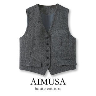 坎肩马夹叠穿背心 无袖 AIMUSA 26春秋高级灰色羊毛呢马甲女春季