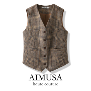 AIMUSA 复古格纹老钱风羊毛马甲背心女秋冬时髦洋气马夹 25新款