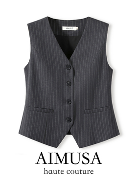 AIMUSA 26春季欧洲知识分子灰色条纹西装背心马甲女叠穿马夹外套