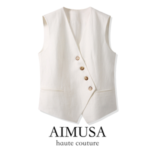 亚麻 莱塞尔 马甲背心女时髦洋气不规则白色马夹 26夏季 AIMUSA