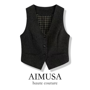马甲背心女秋冬时髦洋气背心 老钱风灰色羊毛西装 AIMUSA 25新款