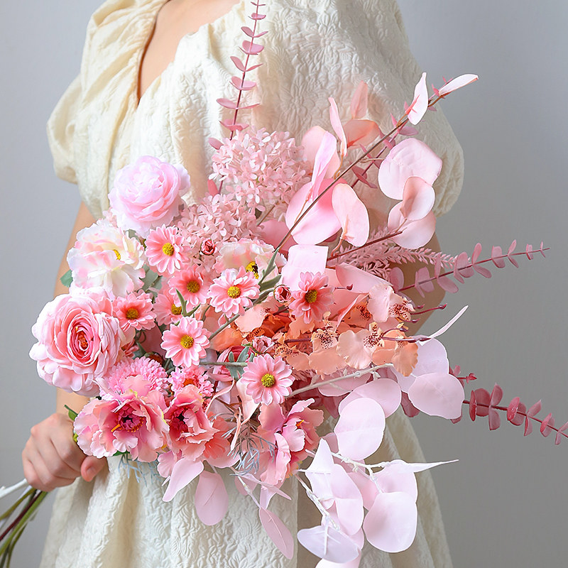 单只粉色系仿真花玫瑰花牡丹花假花摆件客厅餐桌花瓶插花装饰花艺