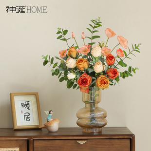 橘子汽水玫瑰花假花仿真花摆设客厅餐桌摆花高级感逼真仿生干花束