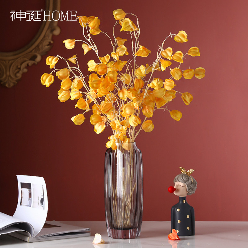 Hoa giả, hoa giả, bó hoa trang trí phòng khách, bình chuông vàng úp ngược, đồng hồ cắm hoa, trưng bày hoa để bàn, cắm hoa đồ trang trí phòng khách bằng gỗ