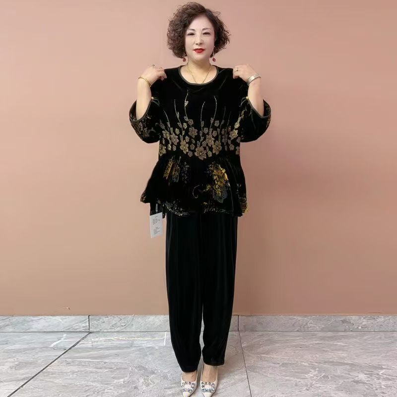时尚妈妈丝绒烫钻小衫秋季新款中袖宽松大码遮肚子T恤衫收腰显瘦
