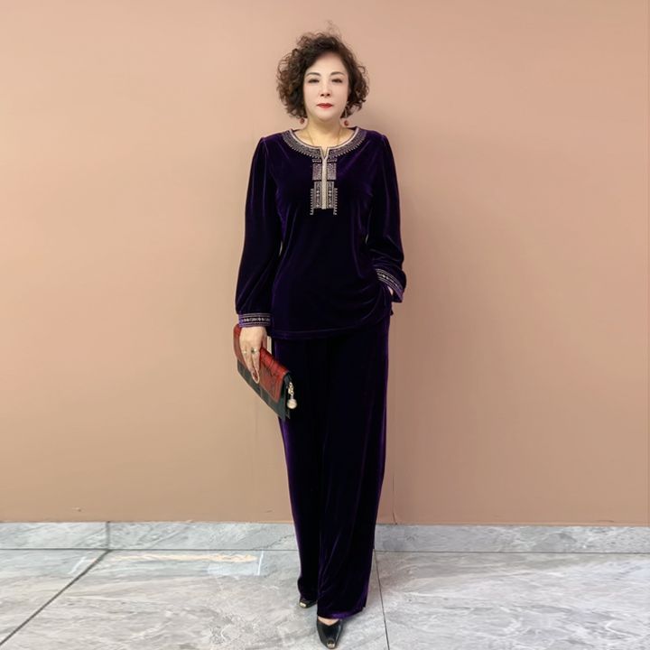 新中式国风刺绣丝绒上衣阔腿裤两件套女春秋显瘦大码运动套装