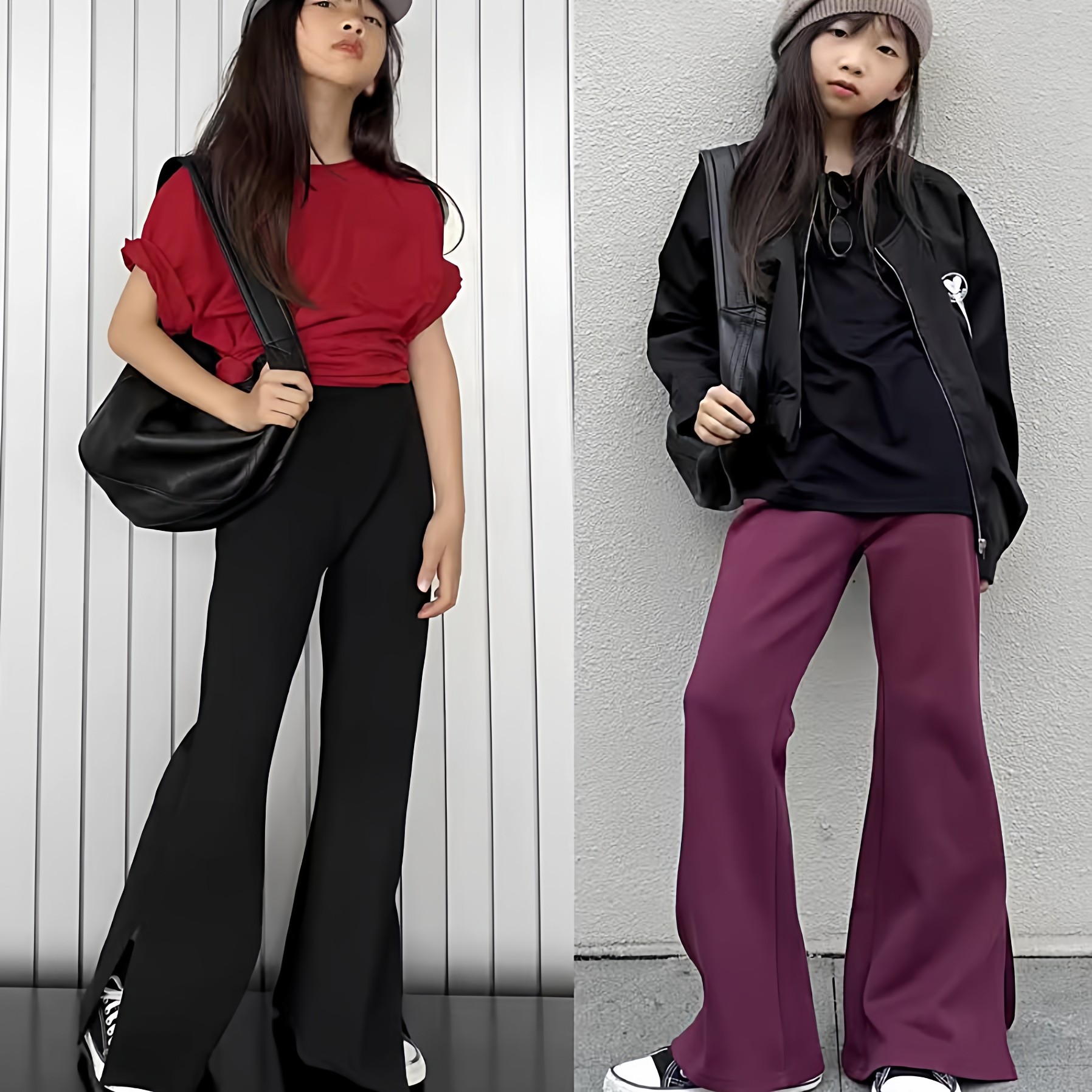 豆丁奇遇儿童黑色紫色开叉垂坠感大童嗽叭裤韩范童装女童时髦裤子