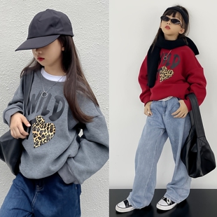 豆丁奇遇儿童红色加绒带绒卫衣秋冬款2026潮童洋气时尚女大童黑色