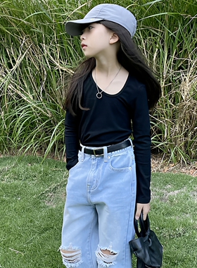 韩国童装女童26春秋纯色白色斜V领韩版洋气套头打底衫黑色上衣潮