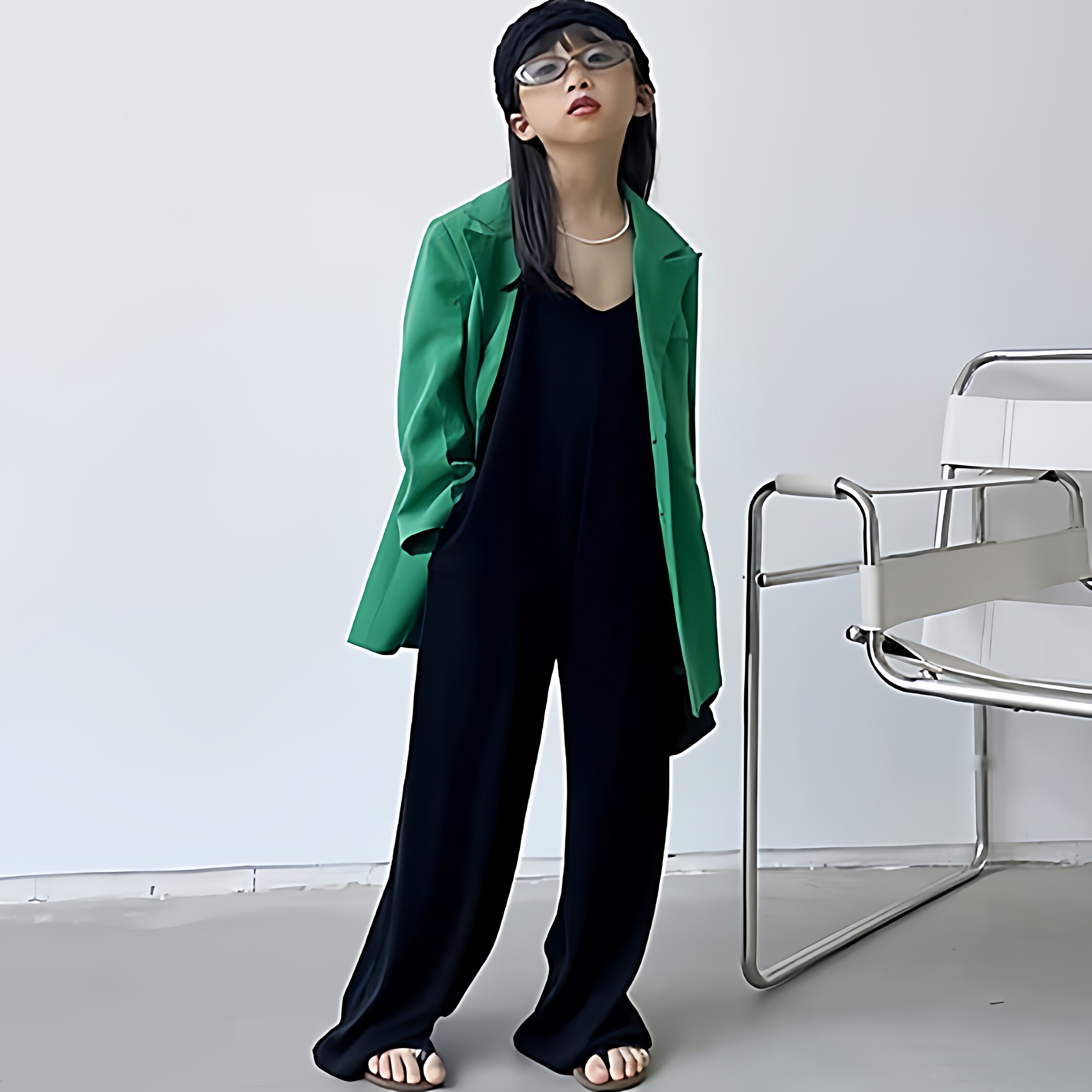 豆丁韩国女童春夏季新款绿色西装外套帅气大中童时髦西服童装薄款