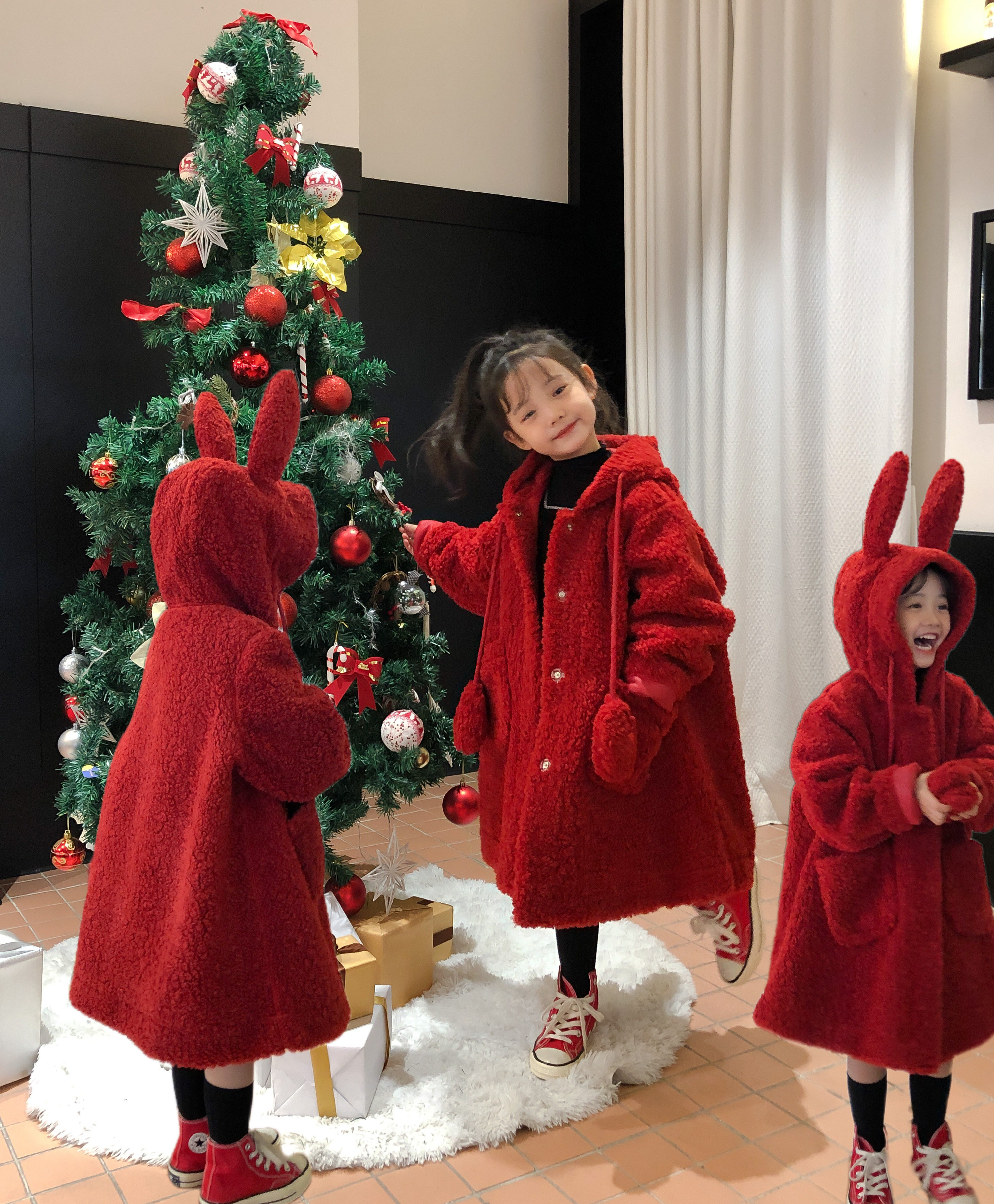 nanokids 26冬韩系风儿童可爱会动的兔耳朵大大毛绒一体外套
