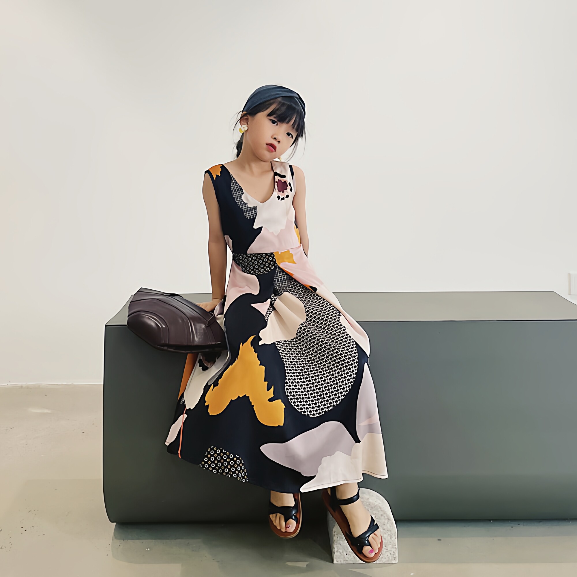 女童v领色块连衣裙夏法式复古