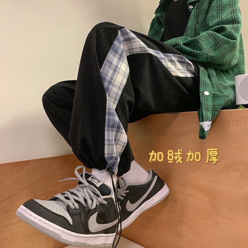 冬季加绒加厚玉米粒侧边拼接格子抽绳休闲裤 XZ604-KP43-P55控68图片