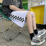2026夏季新款自制侧边棋盘格印花毛圈短裤XZ604-KP66-P35控48，男装牛仔裤，星座604