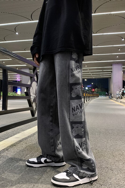 秋季港风新款小熊提花牛仔裤长裤XZ604-KN05-P55控68,男装牛仔裤,星座604