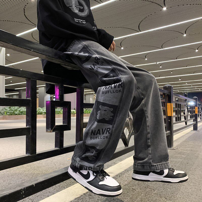 秋季港风新款小熊提花牛仔裤长裤XZ604-KN05-P55控68,男装牛仔裤,星座604