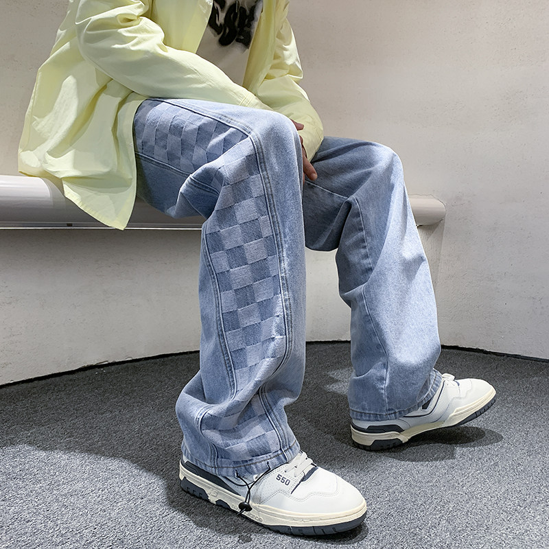 2026春季新款侧边棋盘格印花拼接牛仔裤XZ604-KN06-P55控68,男装牛仔裤,星座604