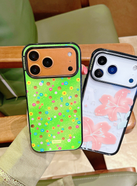 绿色粉花朵适用iphone苹果17promax小众16pro可爱15卡通14女生13软边硬背ins风轻薄亚克力透色黑框贝贝手机壳