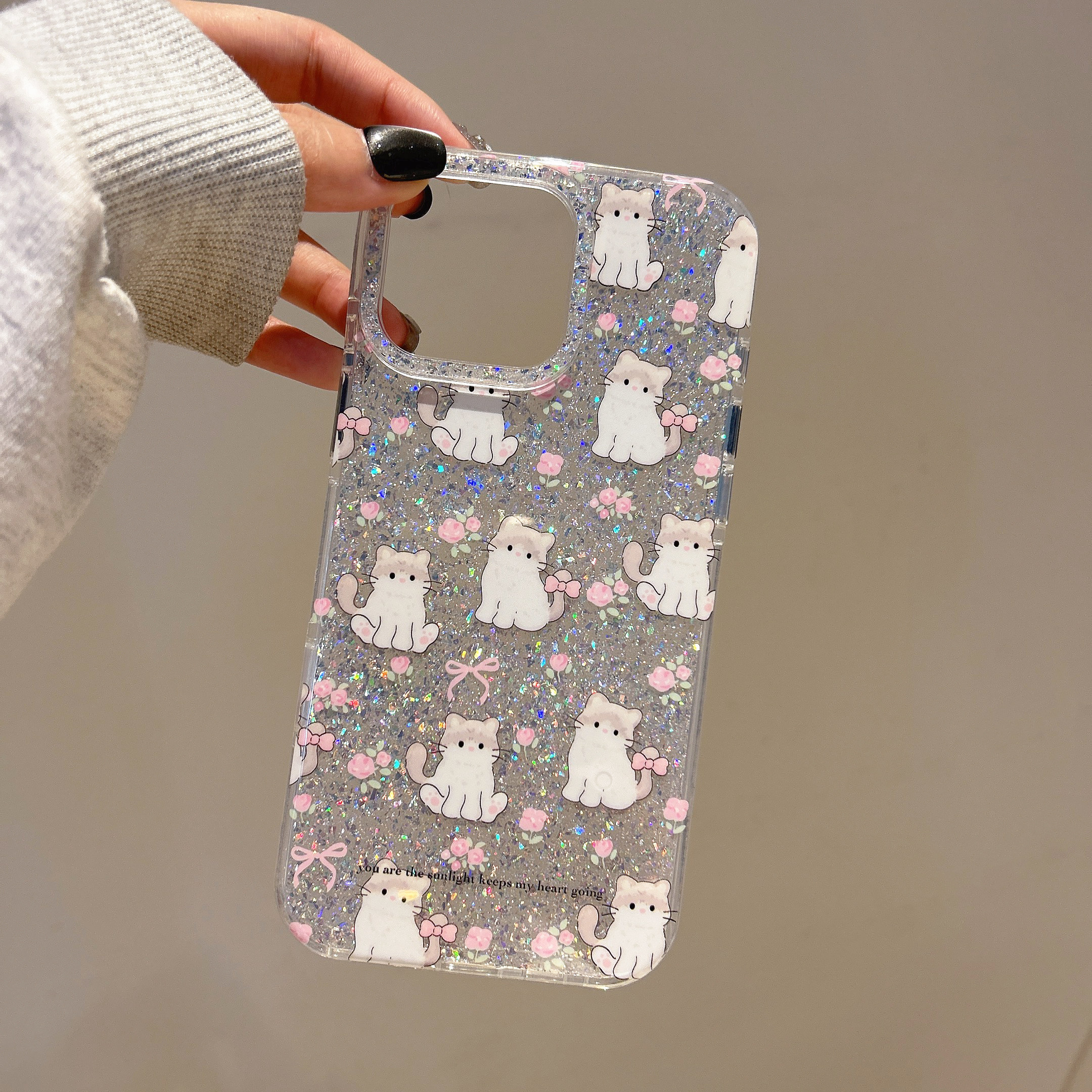 粉银色亮片碎花小猫咪适用iphone17pro苹果16时尚15promax女生软边硬背ins包独立相机AI键双层IMD防摔手机壳