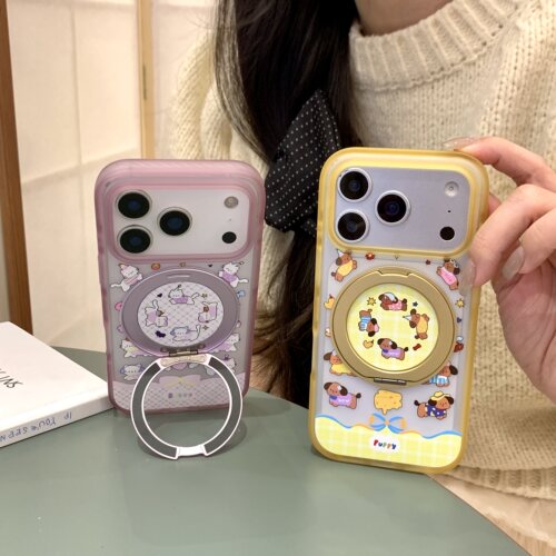 格纹猫咪小狗磨砂肤感防指纹适用iphone苹果17promax清新16pro卡通15小众可爱男女磁吸充电360旋转支架手机壳