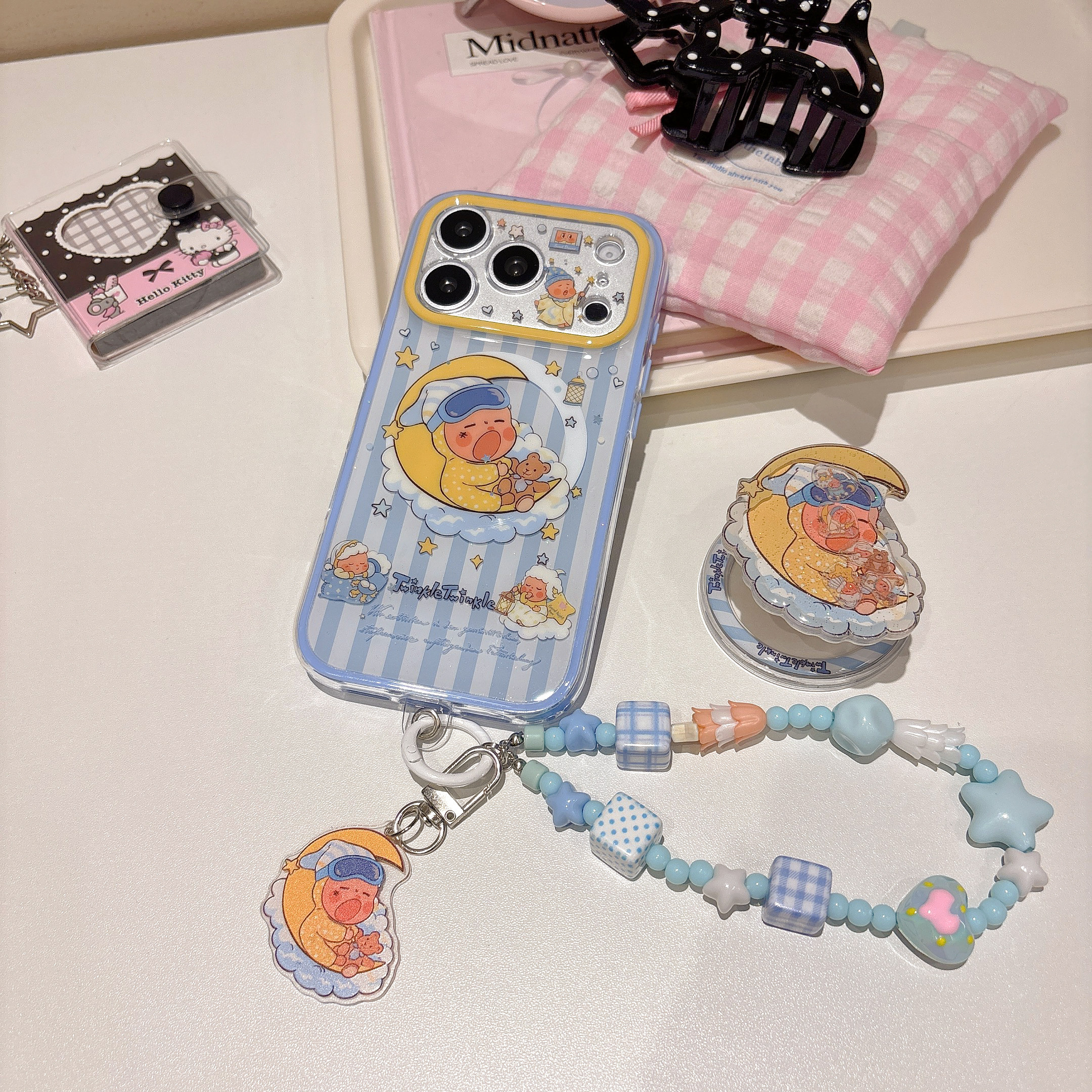 蓝色条纹月亮慵懒星星人适用iphone苹果17promax可爱16pro小众15少女14卡通13二合一相机ai键全包磁吸手机壳