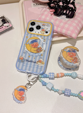 蓝色条纹月亮慵懒星星人适用iphone苹果17promax可爱16pro小众15少女14卡通13二合一相机ai键全包磁吸手机壳