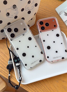 ins白色底黑波点iphone适用17promax苹果16pro卡通15可爱14女生13软边硬背包相机ai独立键圆边气囊防摔手机壳