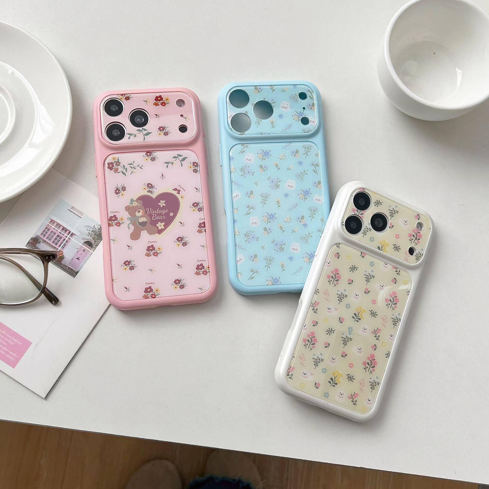 碎花小熊兔子小狗适用iphone秒变苹果17promax小众16pro可爱15女生卡通全包相机AI键大视窗亚克力精孔手机壳