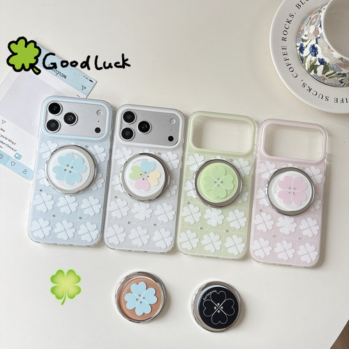 ins点钻幸运四叶草iphone18苹果17promax小众16pro轻薄15女生相机ai键亚克力双层IMD同款磁吸支架防摔手机壳