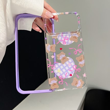 TPU紫边框亚克力二合一拆背板适用iphone17pro苹果16promax时尚15女生14个性13可爱12紫色格纹爱心小熊手机壳