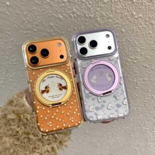 紫框碎花兔子黄色腊肠狗iphone适用17promax苹果16pro卡通15男女14个性13图拉机械360旋转横竖支架防摔手机壳