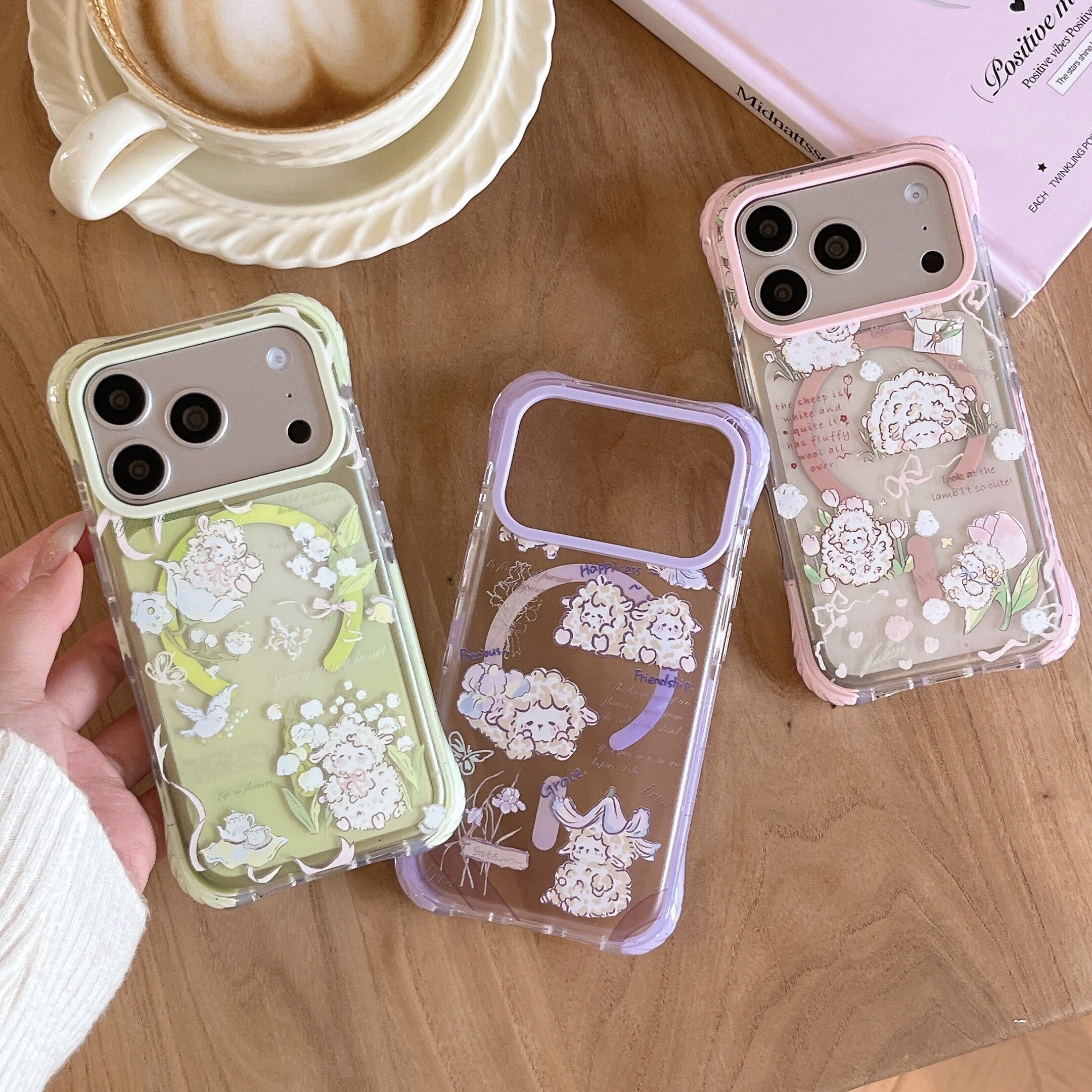 磁吸亚克力半透四角防摔适用iphone17promax苹果16pro卡通15可爱14男女包相机AI键绿紫粉框卷毛小绵羊手机壳