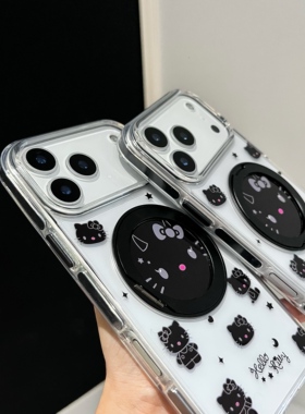 360旋转支架解压机械音适用iphone17pro苹果16promax可爱15男女14个性13卡通软边框亚克力防摔黑色KT猫手机壳