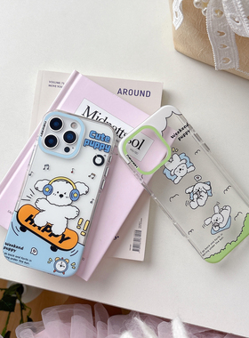 滑板线条小狗适用iphone17pro苹果16时尚15promax女生14可爱13卡通软萌全包相机键IMD防摔硬背软框印图手机壳