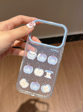 清冷蓝色苹果闪粉亮面双层IMD适用iphone17pro苹果16promax时尚15女生温柔ins可爱相机键全包耐刮防摔手机壳