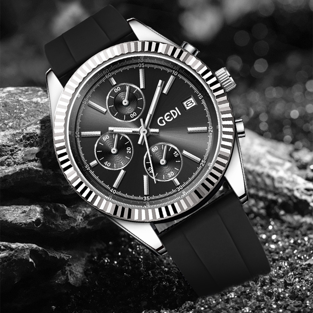 歌迪三眼六针狗牙圈商务表日历高级感大表盘硅胶防水石英手表