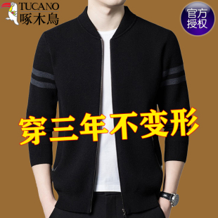 男 潮流休闲立领夹克毛衣外套秋冬装 啄木鸟针织开衫 纯色上衣男韩版