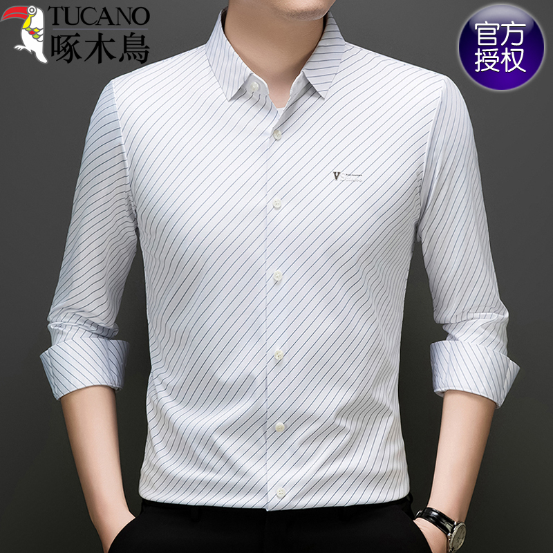 啄木鸟弹力桑蚕丝条纹长袖衬衫男