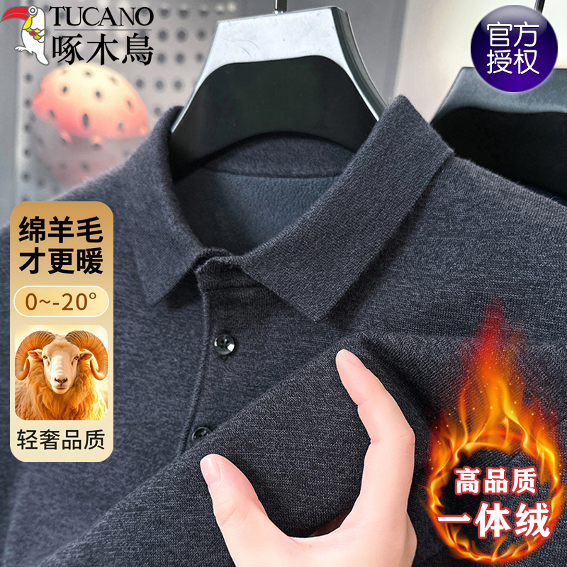 啄木鸟加绒加厚翻领羊毛衫男保暖