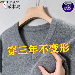 啄木鸟纯色针织衫男V领加厚中年毛衣秋冬季鸡心领百搭打底上衣男