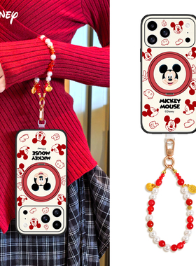 迪士尼新年款适用苹果16pormax手机壳iPhone15Pro磁吸充电带支架360度旋转14plu米奇红色本命年ip13保护套外